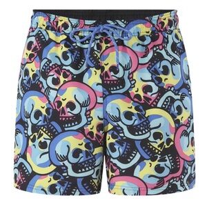 No Boundaries Men's Colorful Skull Elastic Waist Swim Board Trunks NWT